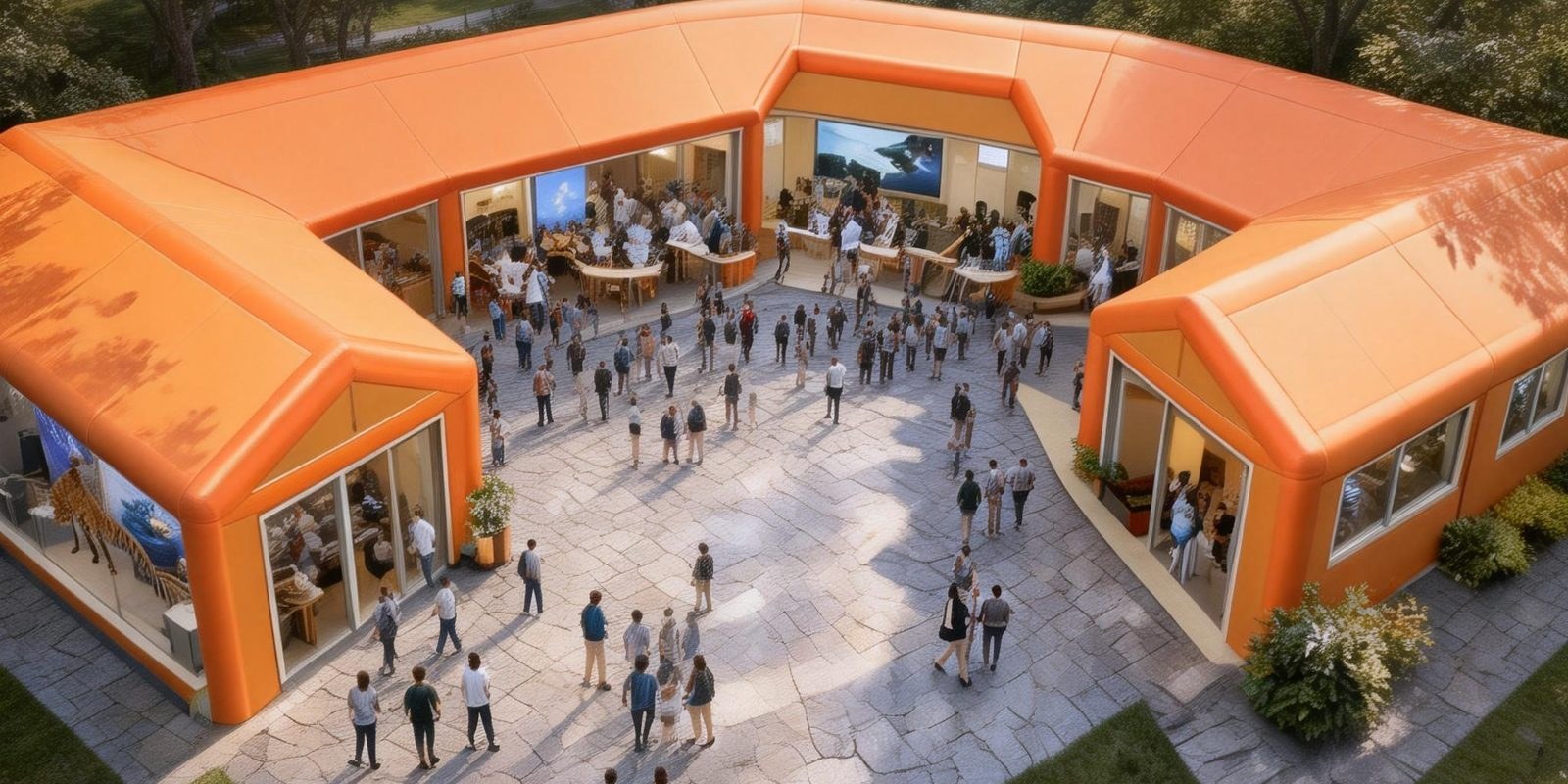 Aerial view of a large event complex formed from multiple orange inflatable membrane units