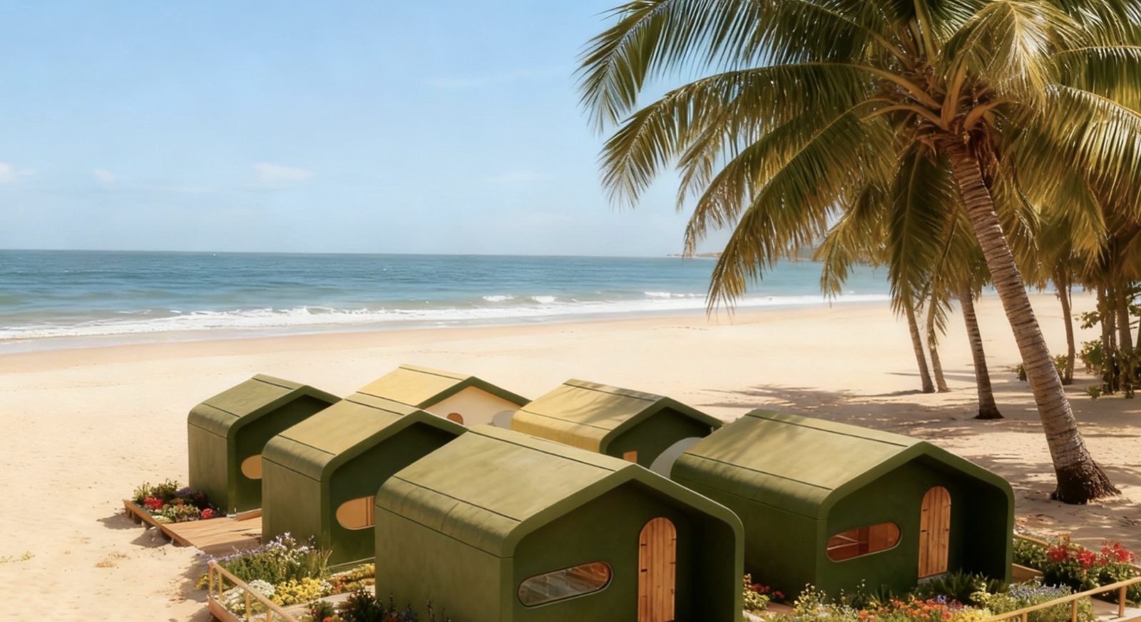 Olive inflatable membrane units lined up among palms on a beach