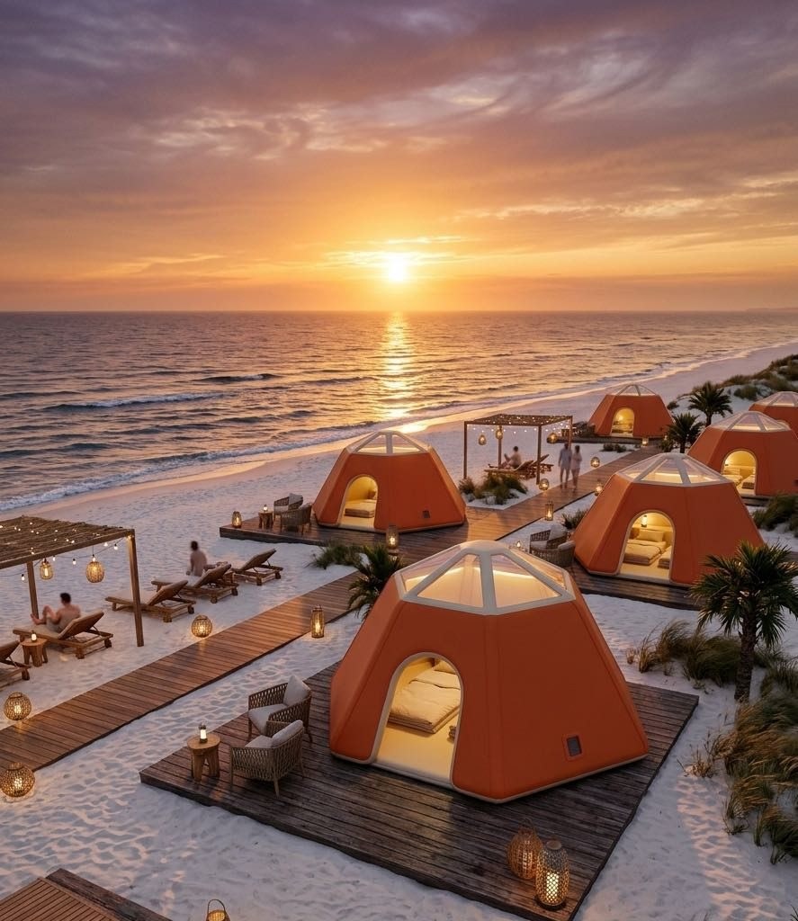 Orange inflatable membrane camp at sunset by the sea, linked by timber boardwalks