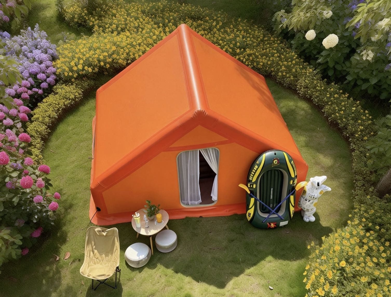 Orange inflatable membrane pod on garden lawn with outdoor furniture