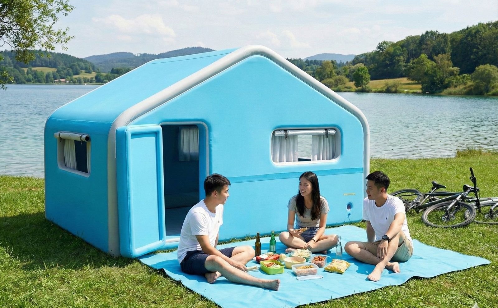 Ice-blue inflatable membrane pod on lakeside grass with three people picnicking outside