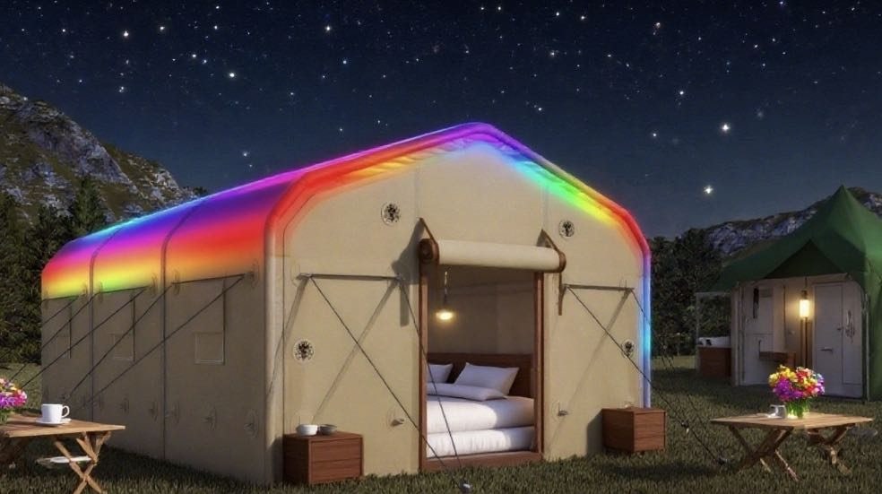 Inflatable membrane pod lit at night with its outline picked out in light