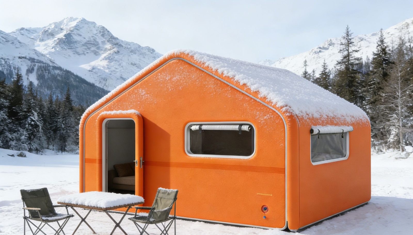 Orange inflatable membrane pod in snow with outdoor table and chairs