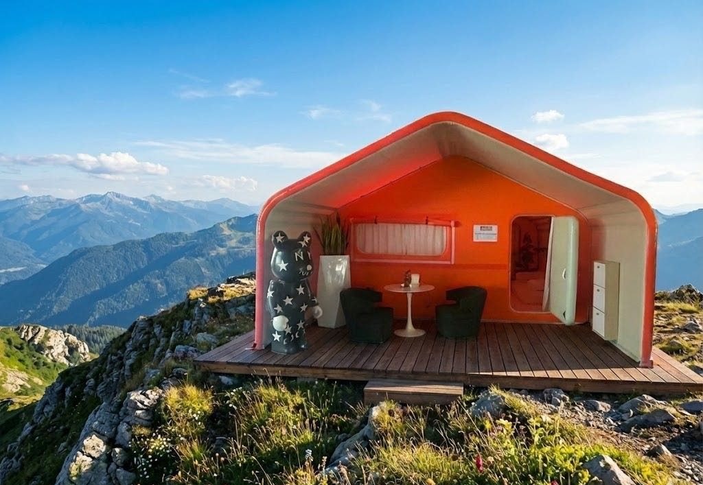Red-orange inflatable membrane unit on a rocky summit platform with a timber viewing deck