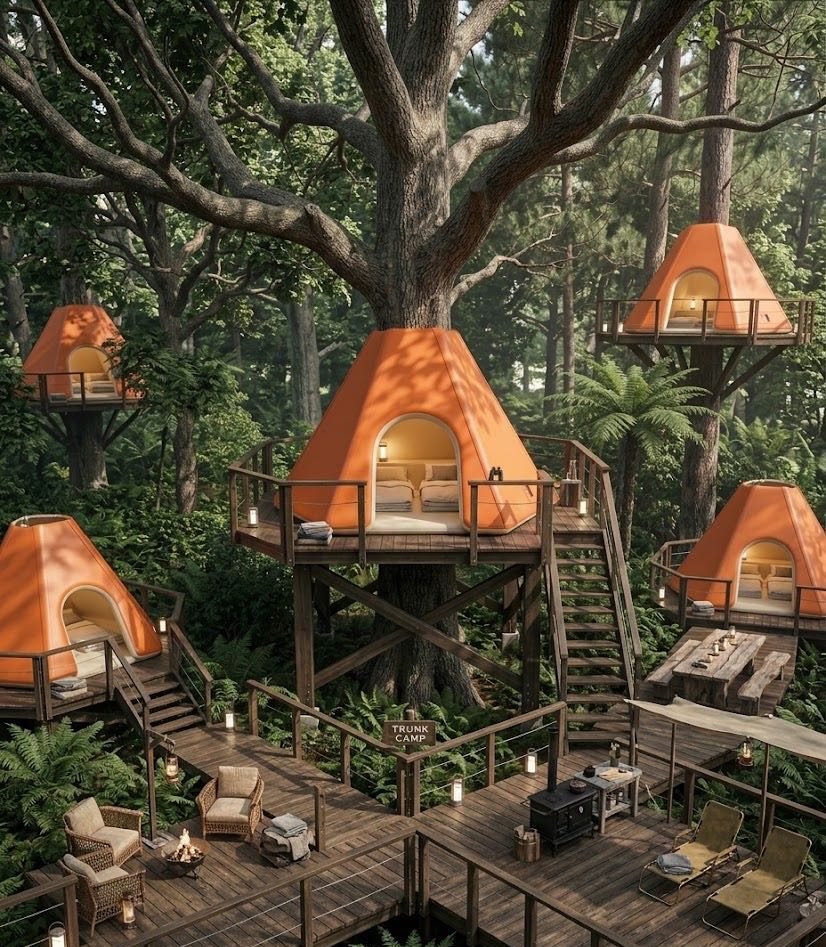 Orange inflatable membrane unit on a raised timber platform surrounded by forest