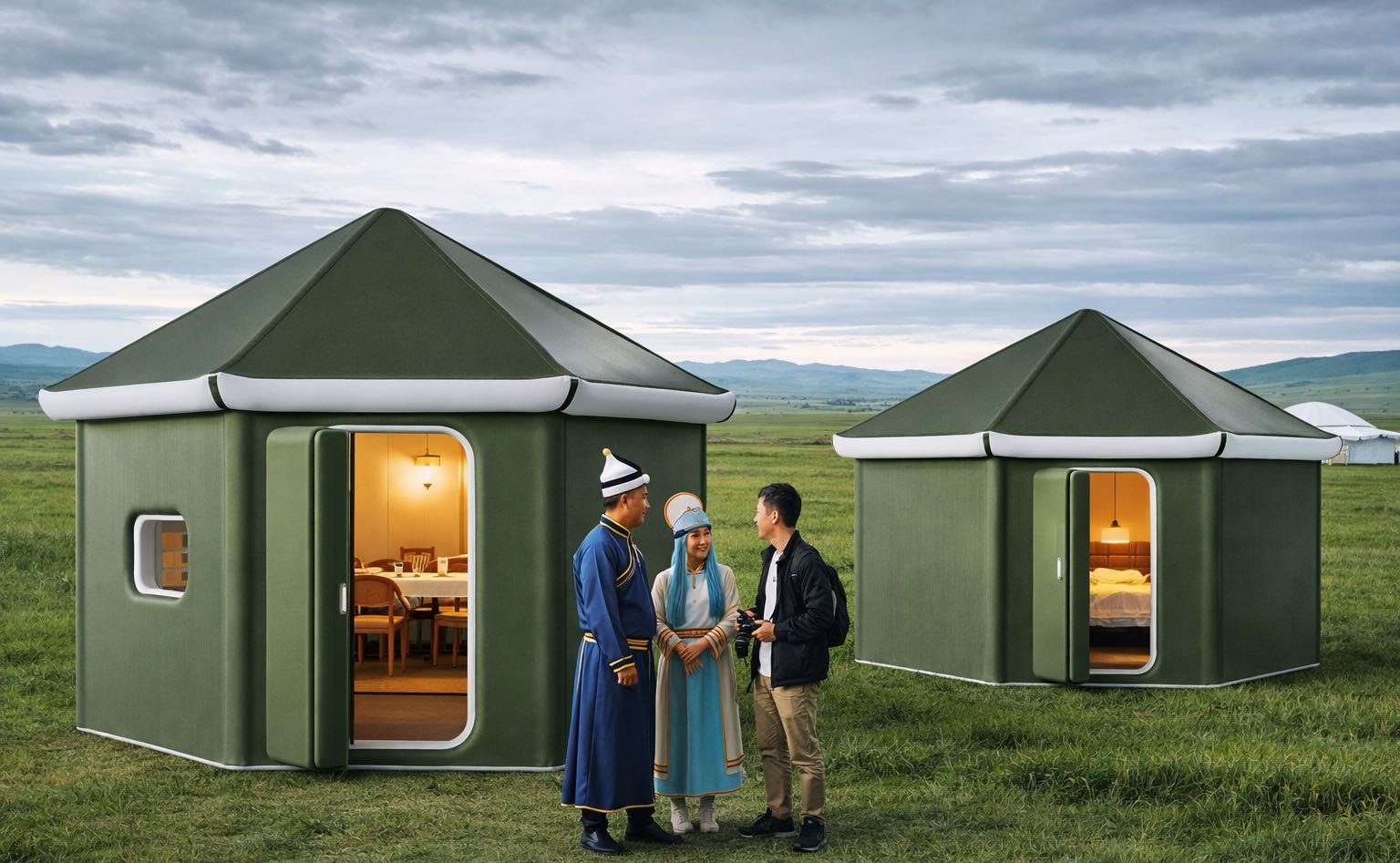 Olive circular membrane units on grassland with two people talking at the entrance