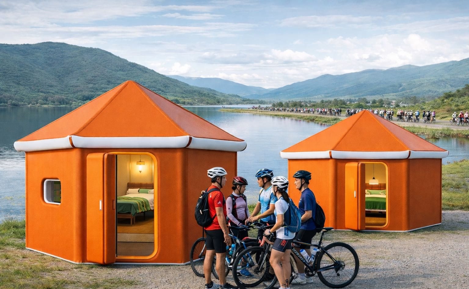Orange dome-form membrane units by a lake with cyclists talking alongside
