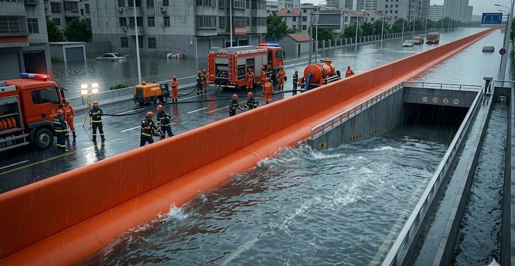 Orange inflatable flood barrier deployed across an underground car park entrance with firefighters working alongside
