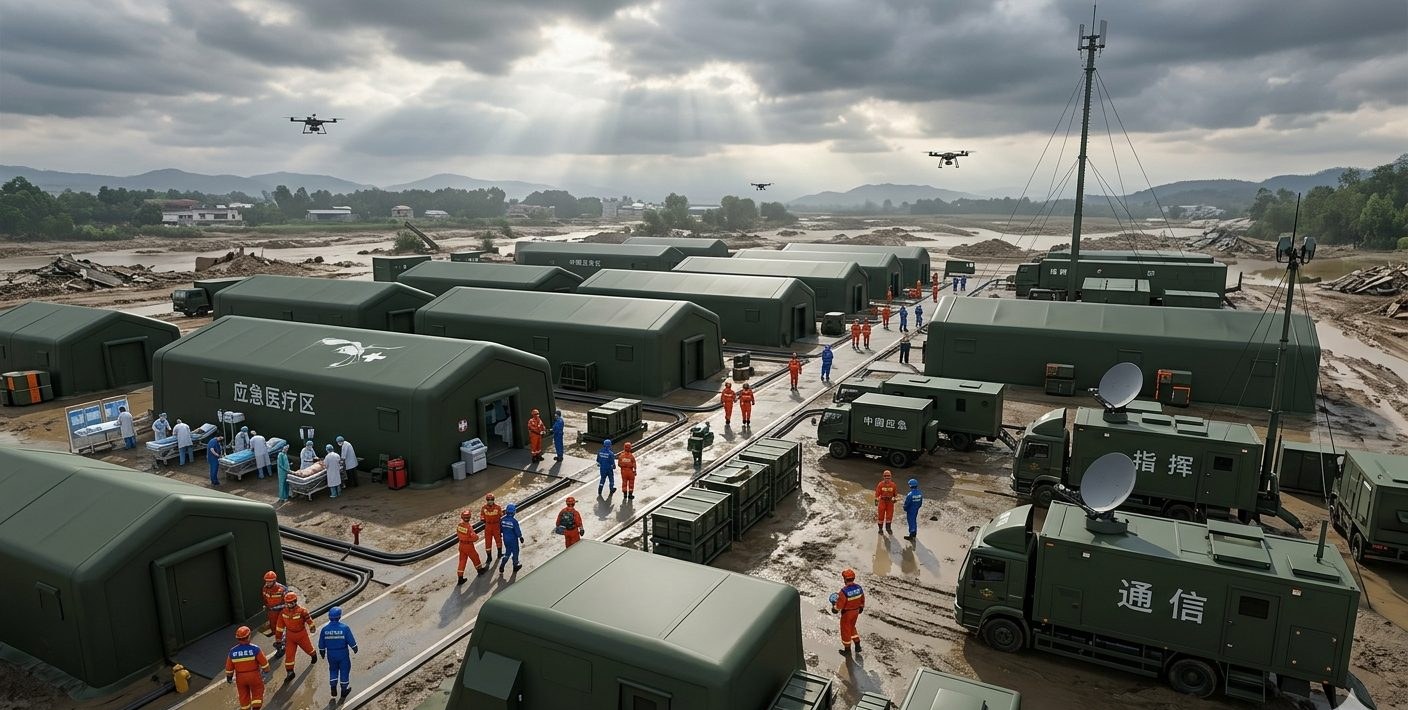 Post-disaster relief camp with rows of olive membrane units and a communications vehicle