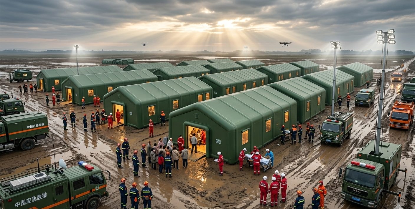 Relief camp with rescue workers and rows of olive inflatable membrane units
