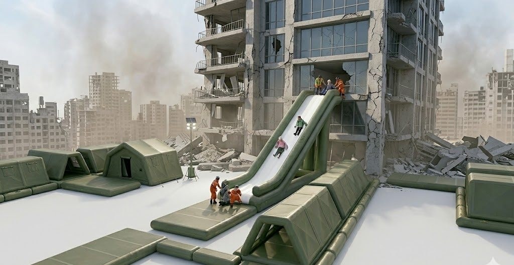 Inflatable evacuation slide rigged in an urban rubble field with rescue workers guiding people down