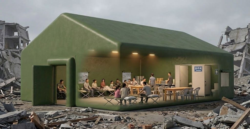 Large olive membrane structure in a rubble field serving as a field medical unit with staff inside