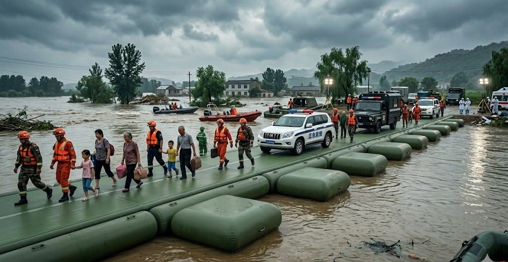 Inflatable floating bridge across floodwater with civilians crossing under the guidance of rescue workers