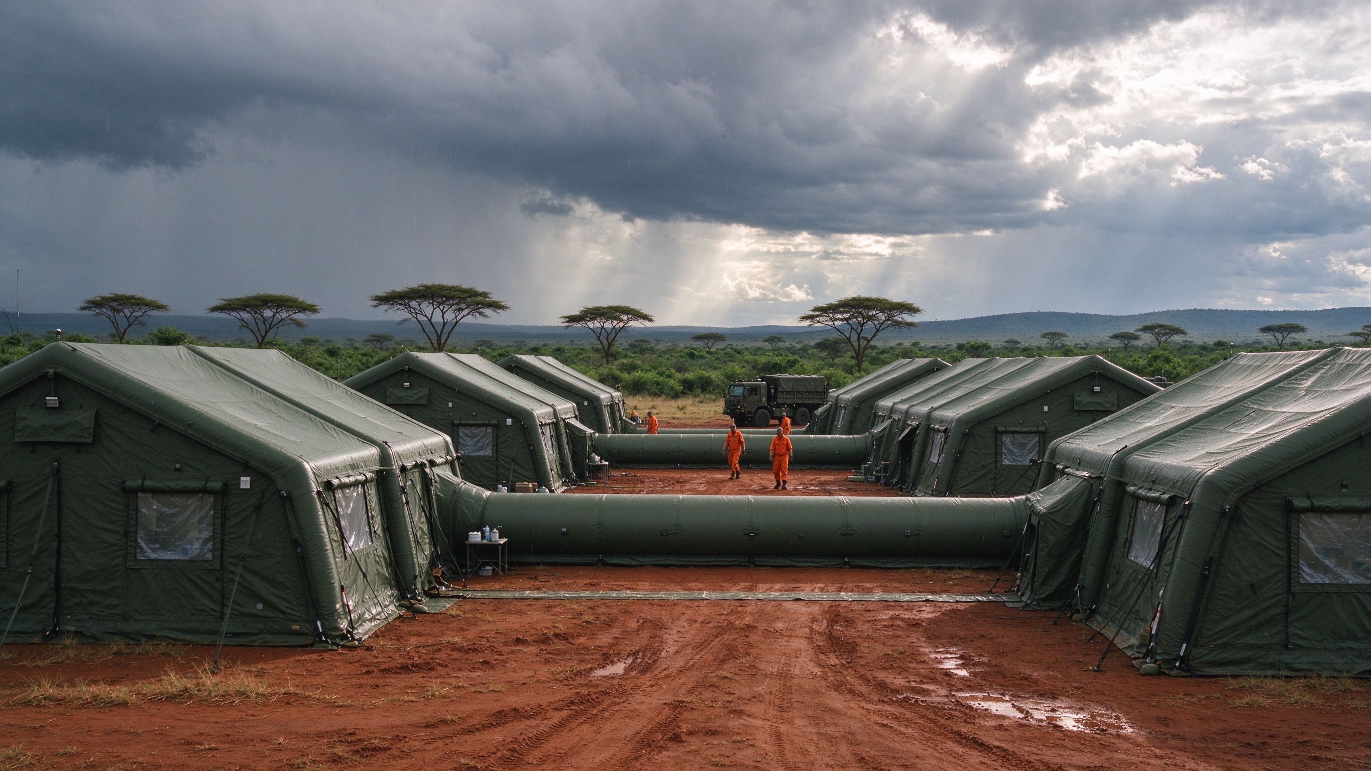 Inflatable field hospital camp deployed on red savanna soil under storm clouds