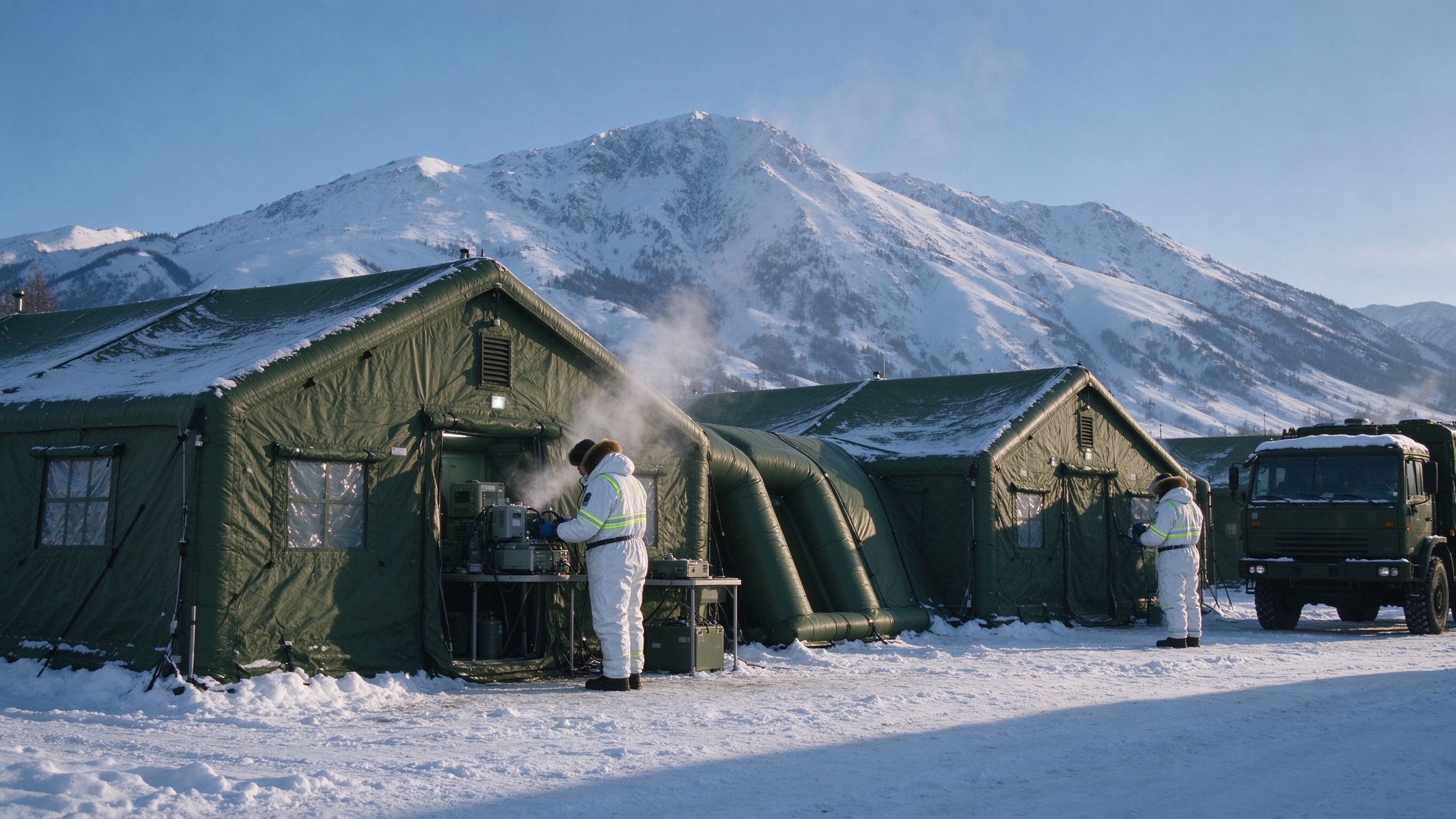 Inflatable field hospital camp in snow with mountains in the background