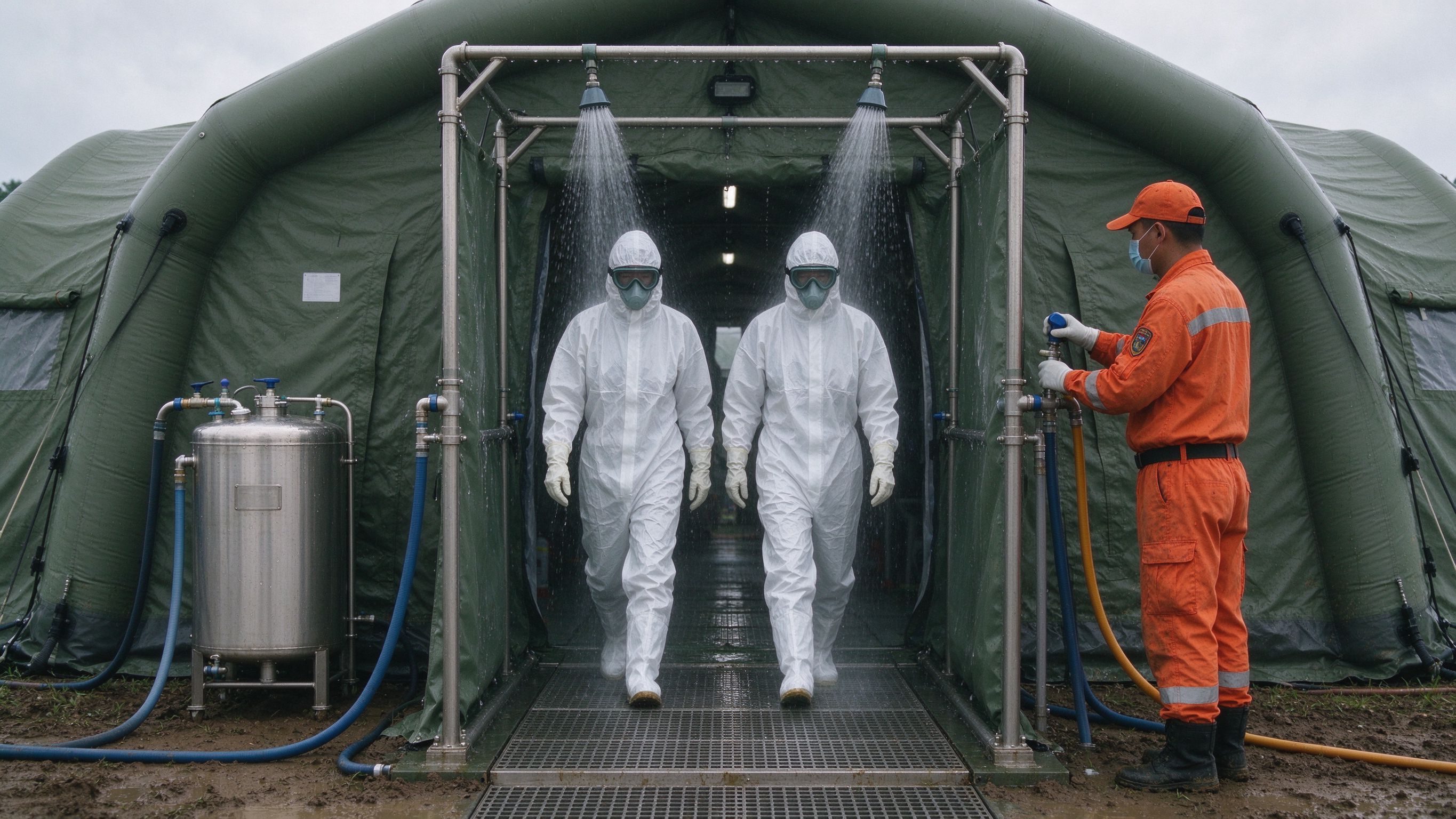 Dekontaminationsschleuse mit Personal in Schutzanzügen in einem Isolierungs-Feldlazarett
