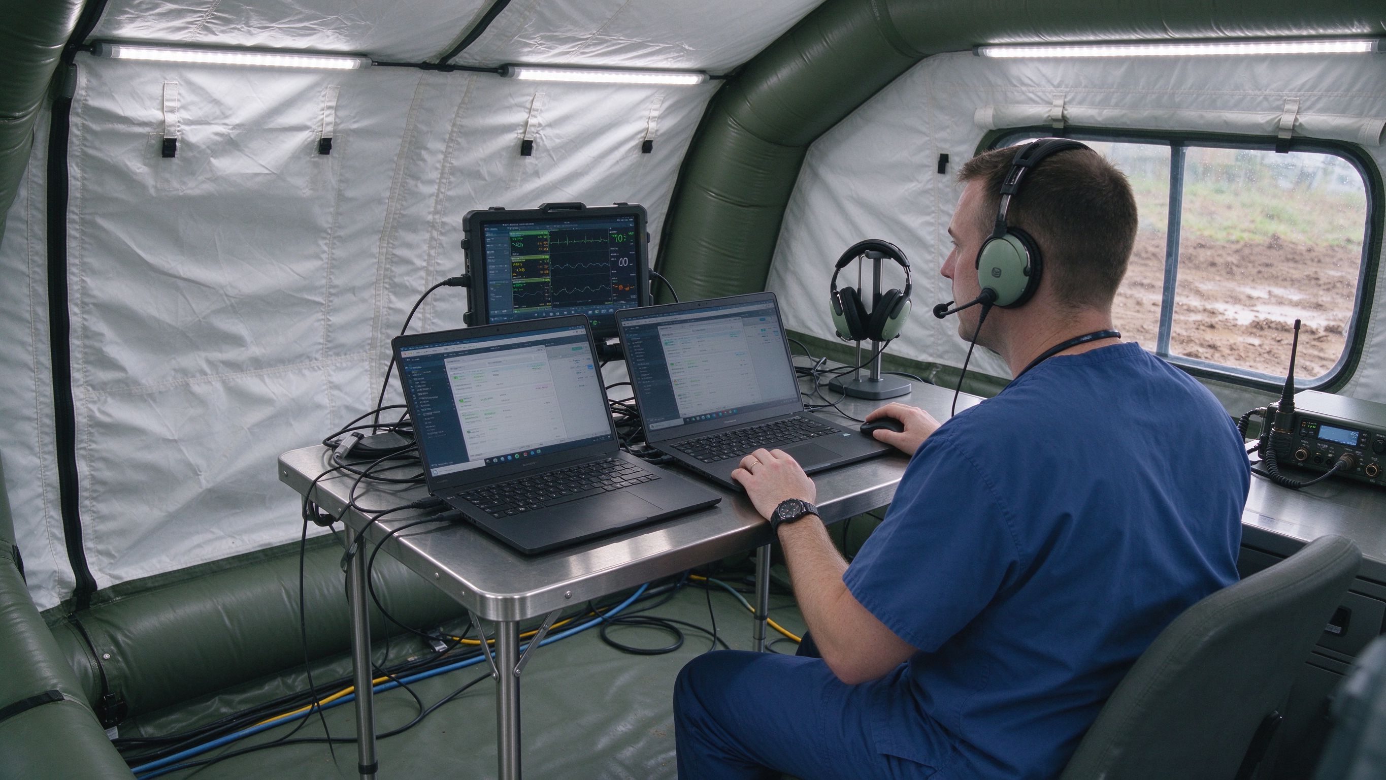Arzt, der mehrere Patienten auf Laptops in einem aufblasbaren Telemedizinzelt überwacht