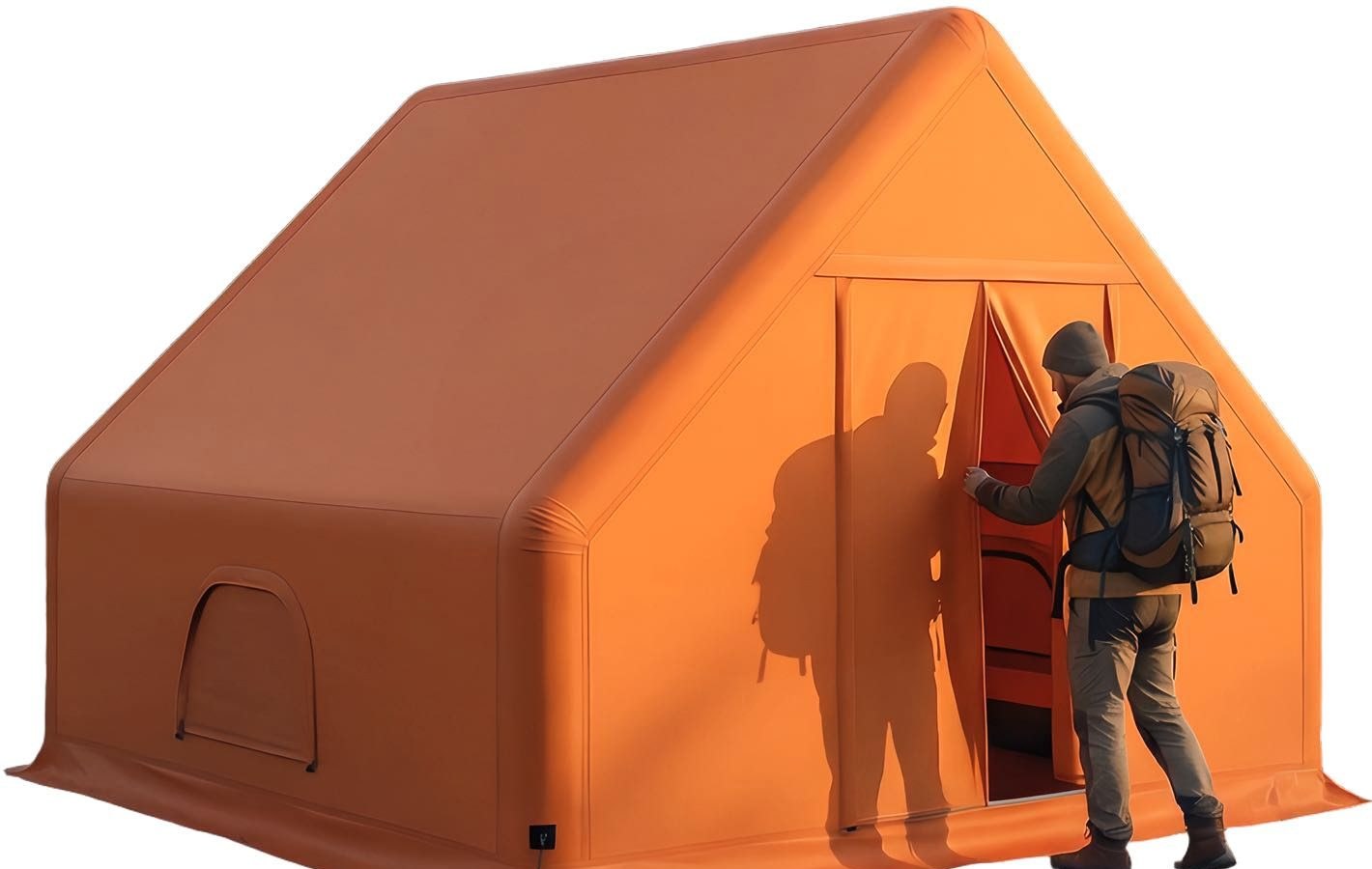 Orange inflatable membrane pod with a person stepping inside