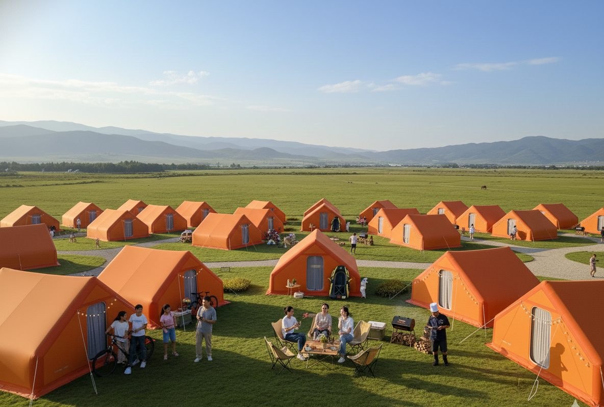 Rows of orange inflatable membrane camp units on grassland with people among them