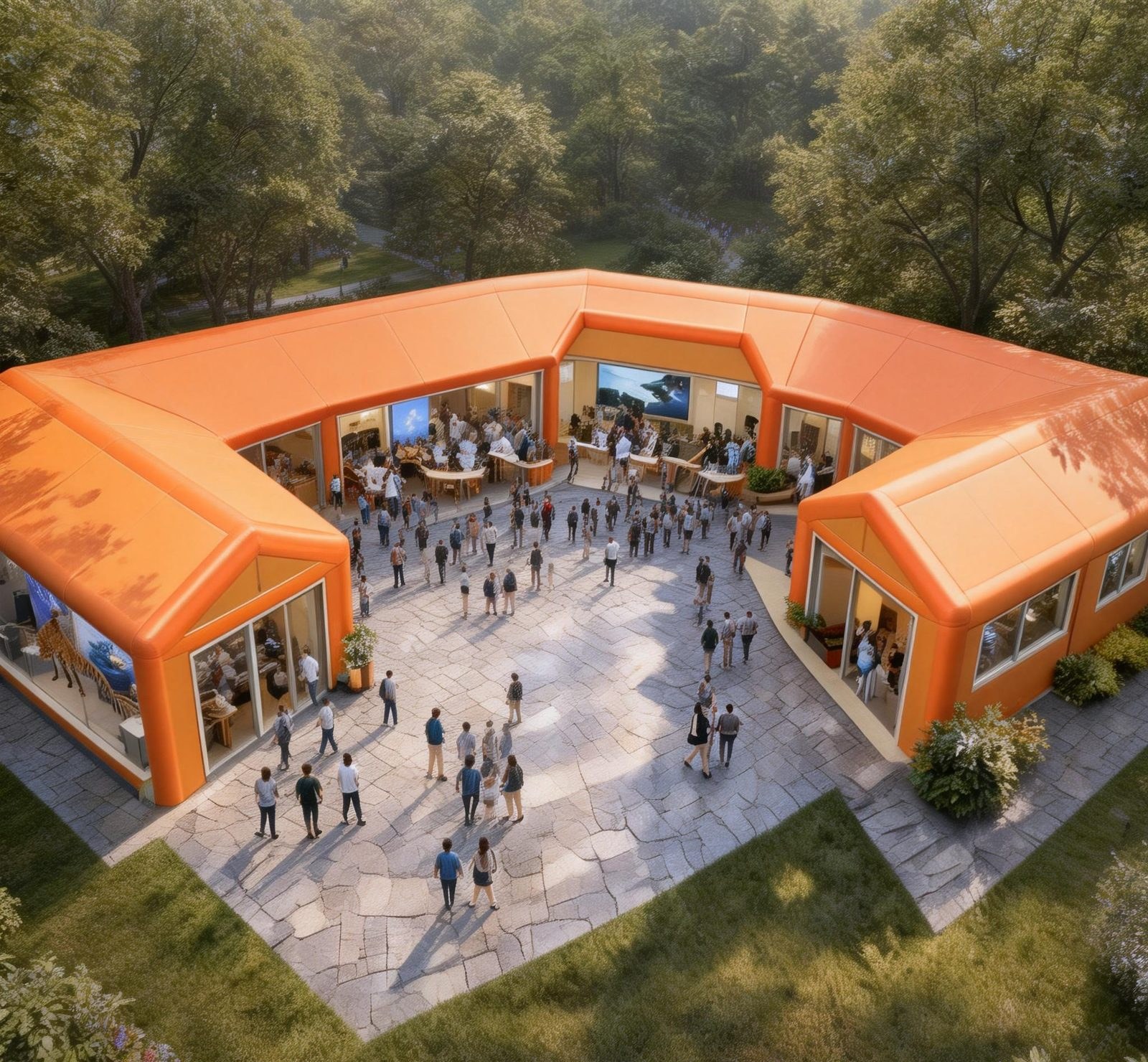 Aerial view of a large event complex formed from multiple orange inflatable membrane units