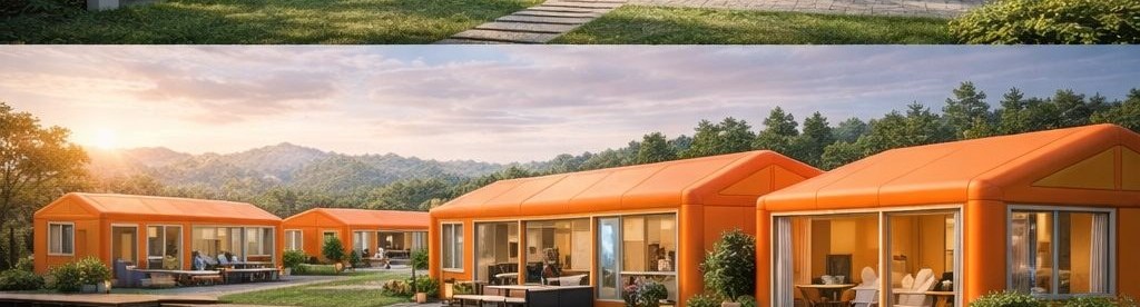 Orange inflatable membrane complexes shown across different settings and times of day