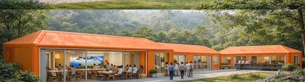 Orange inflatable membrane complexes shown across different settings and times of day