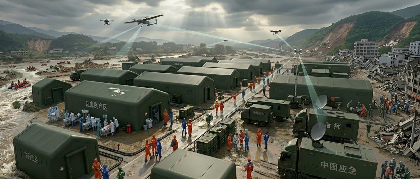 Aerial view of a large-scale post-disaster relief camp with rows of membrane units and rescue vehicles