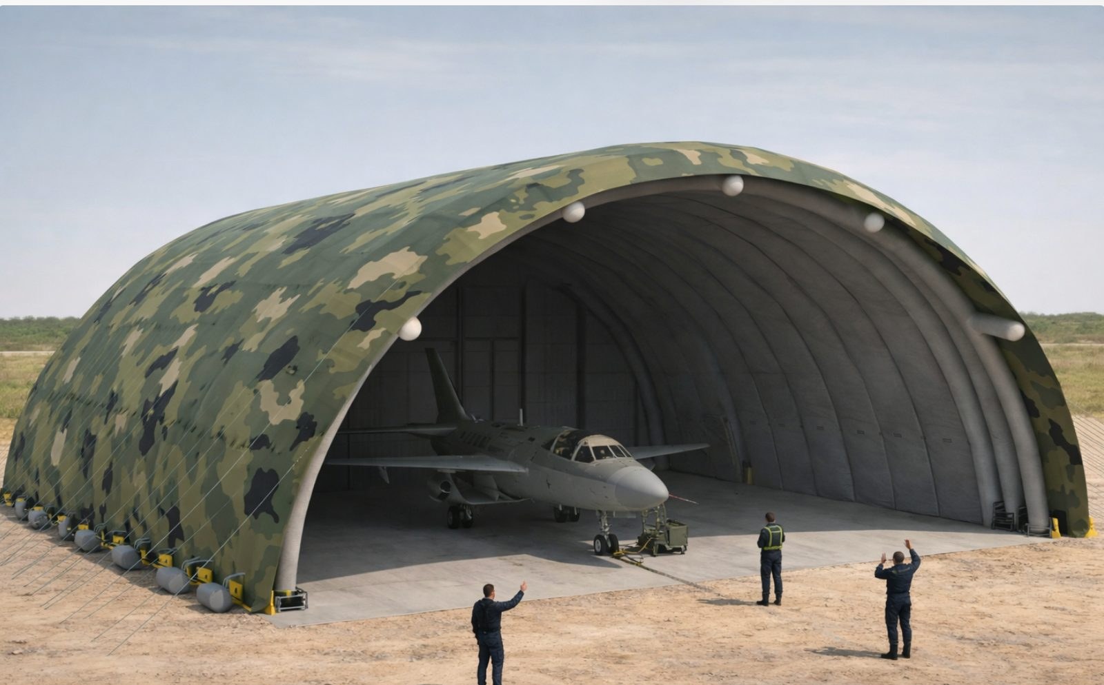 Camouflage inflatable membrane hangar in desert terrain with ground crew working outside
