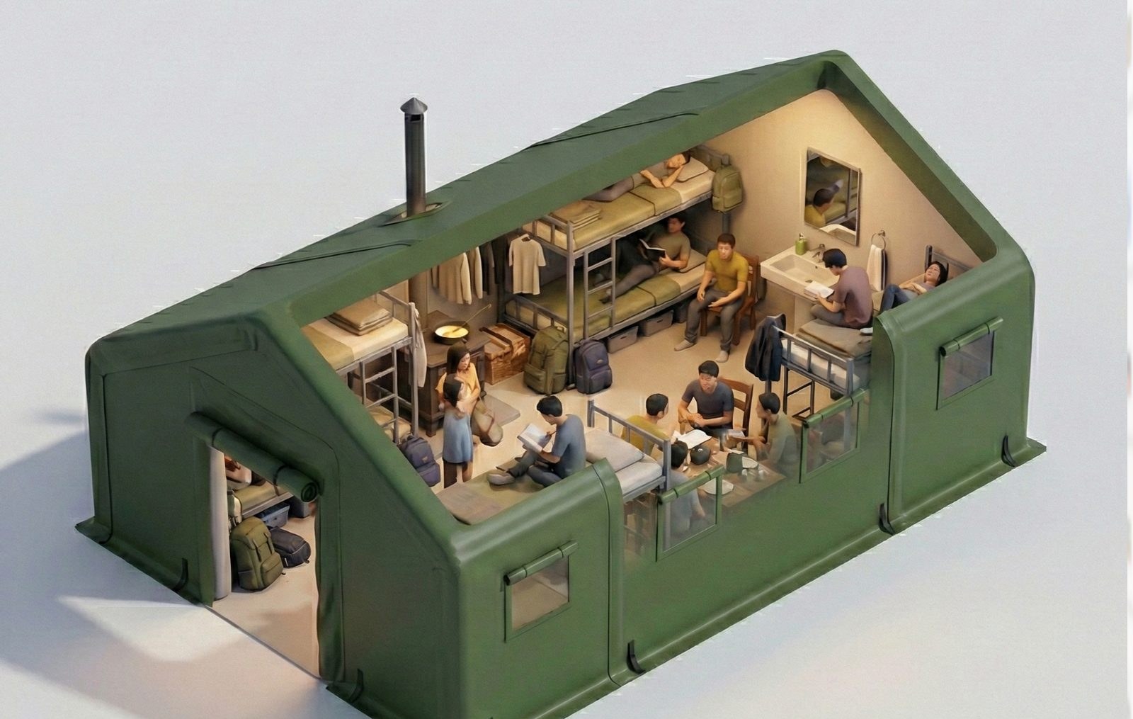 Cut-away view of an inflatable membrane unit showing multiple working zones and occupants