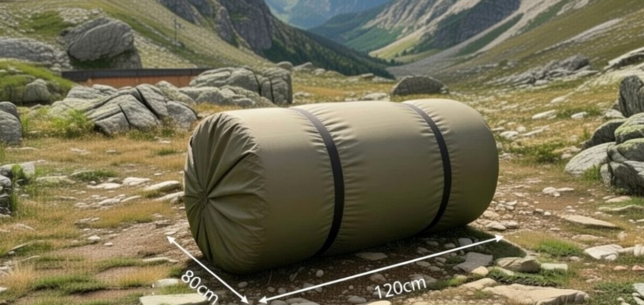 Olive rolled membrane unit set down in a valley with dimensions marked