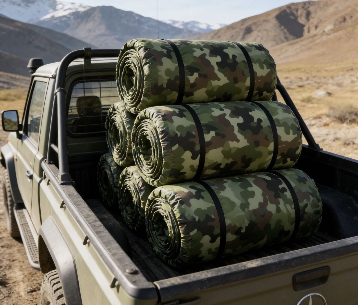 Three rolled camouflage membrane units loaded in a pickup truck bed