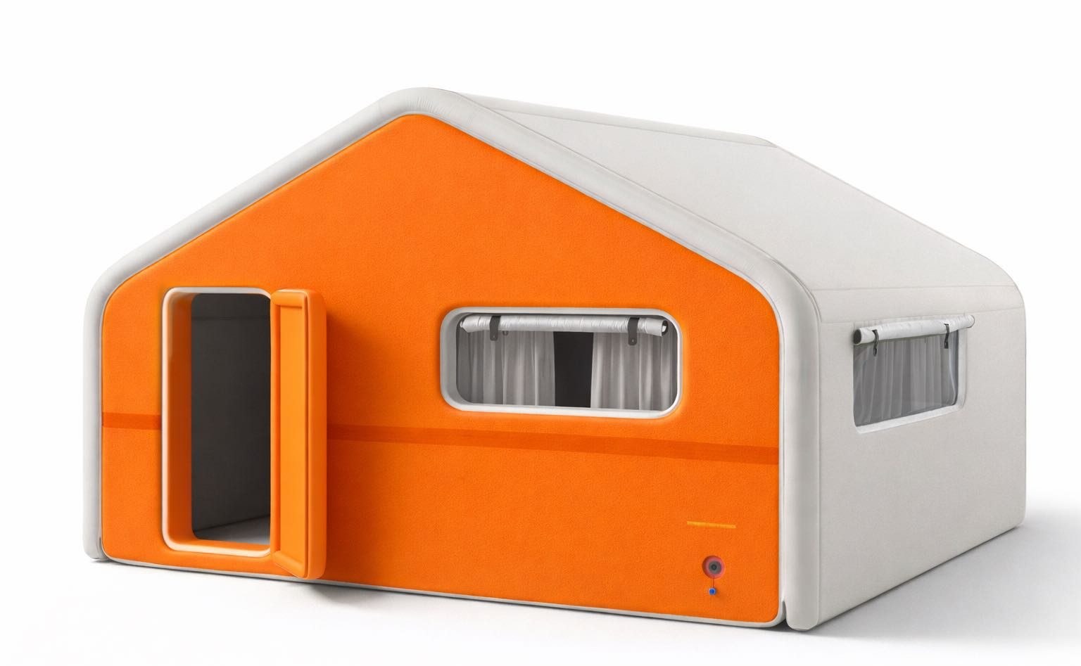 Two orange-and-white inflatable membrane accommodation pods, product render