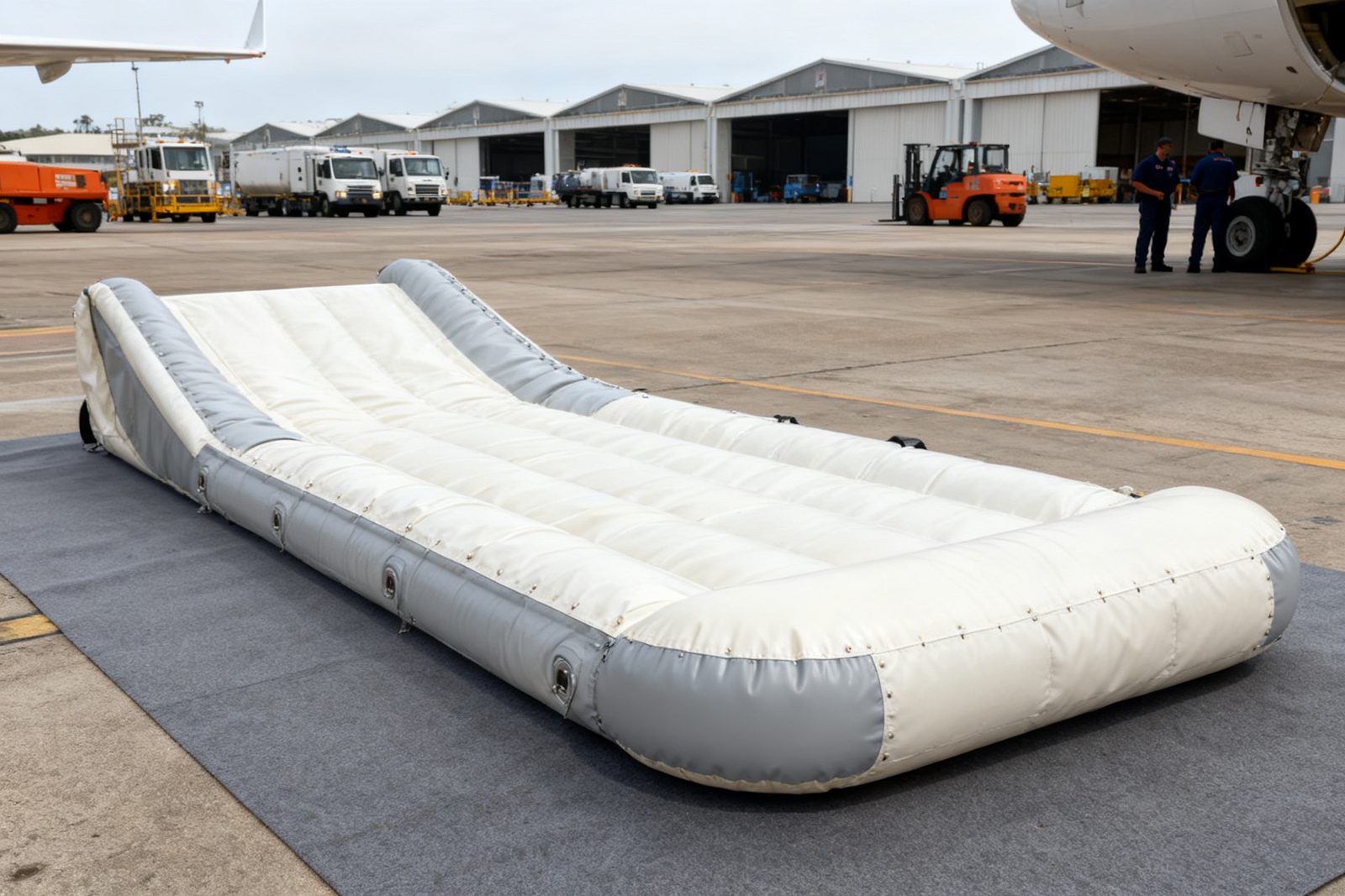 aircraft evacuation slide deployed on site, in use