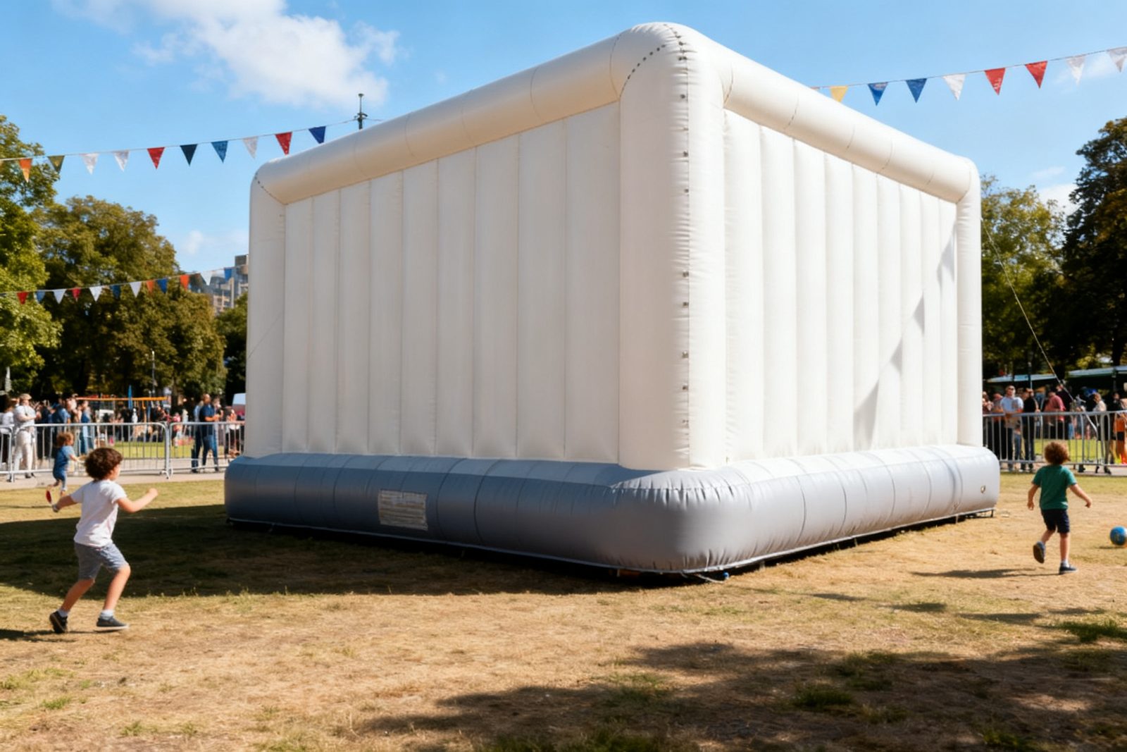 bounce house deployed on site, in use