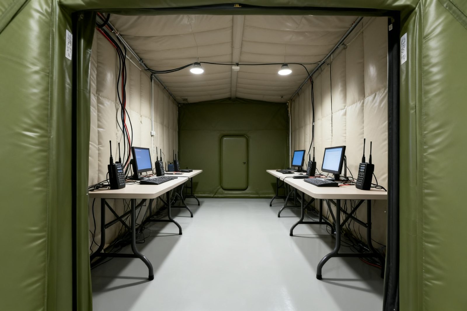 Interior of the briefing shelter, furnished and in use