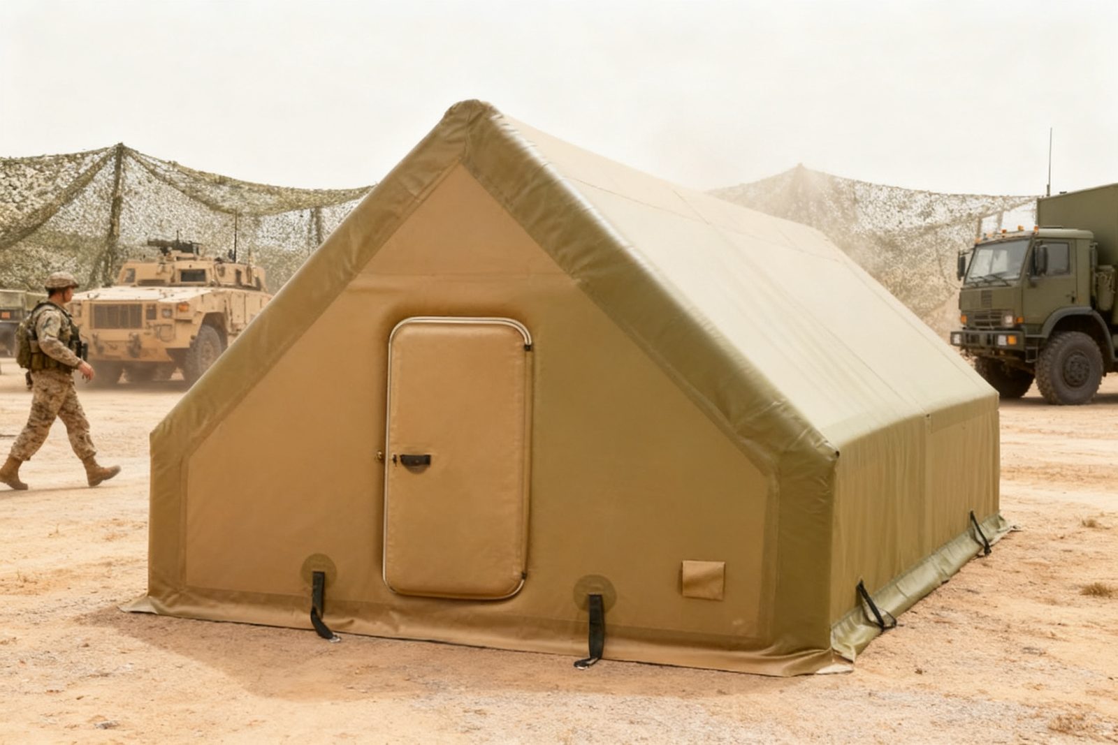 camouflage shelter deployed on site, in use