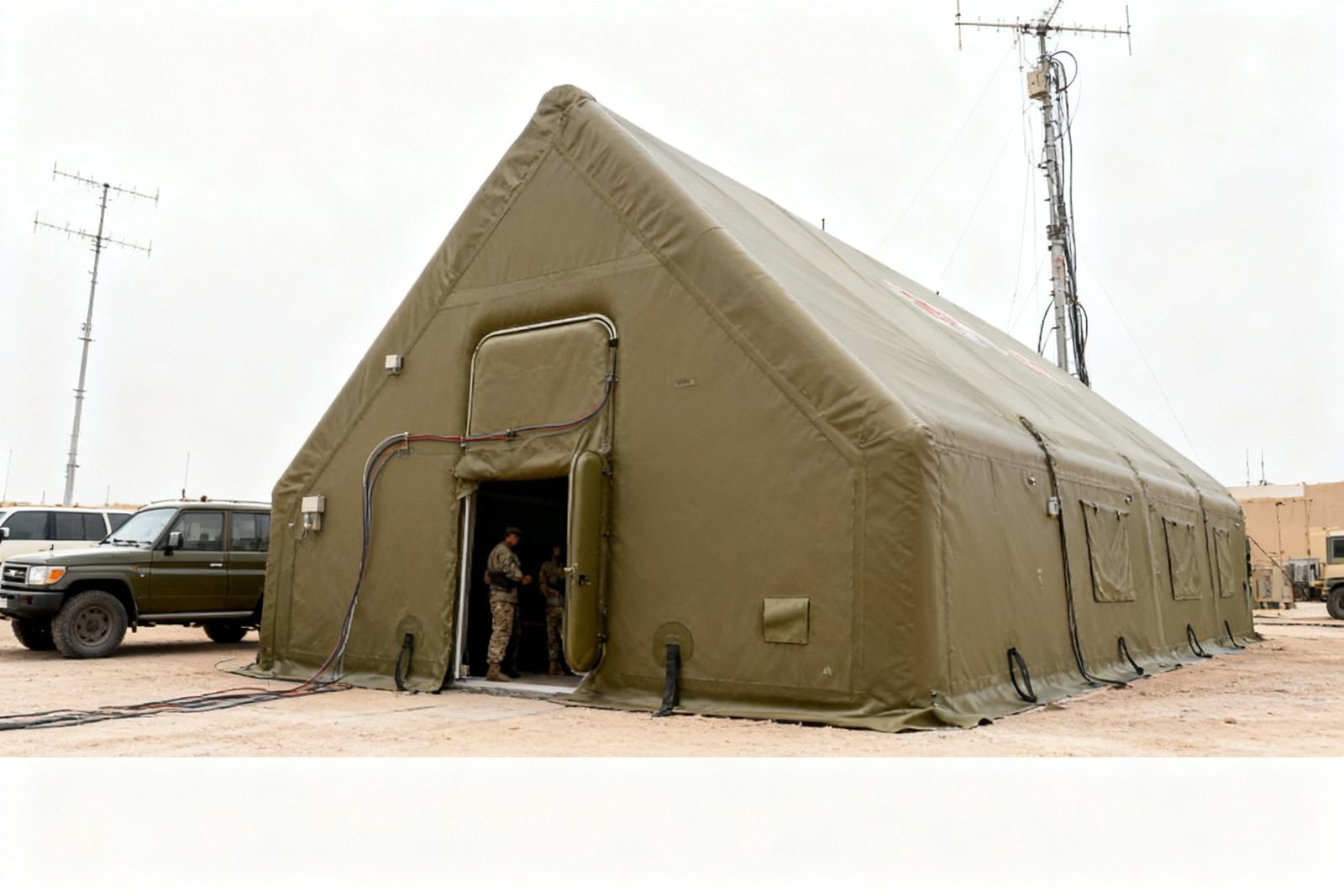 communications shelter deployed on site, in use