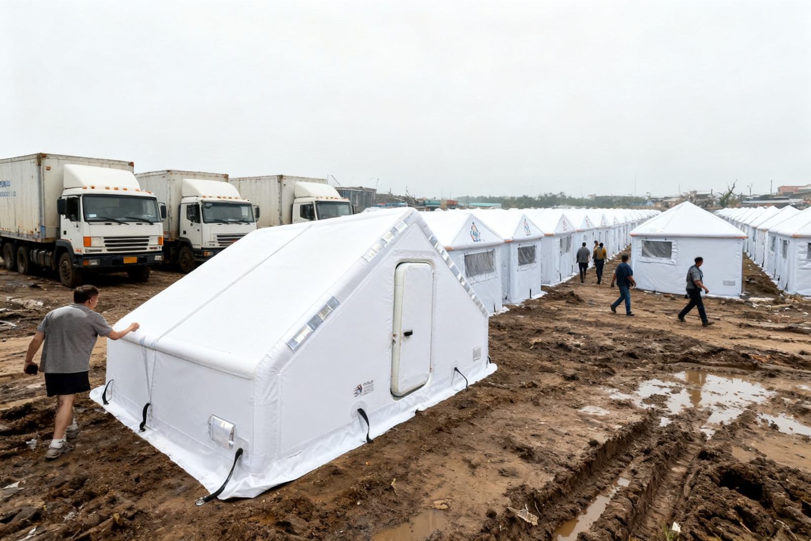 disaster relief shelter deployed on site, in use