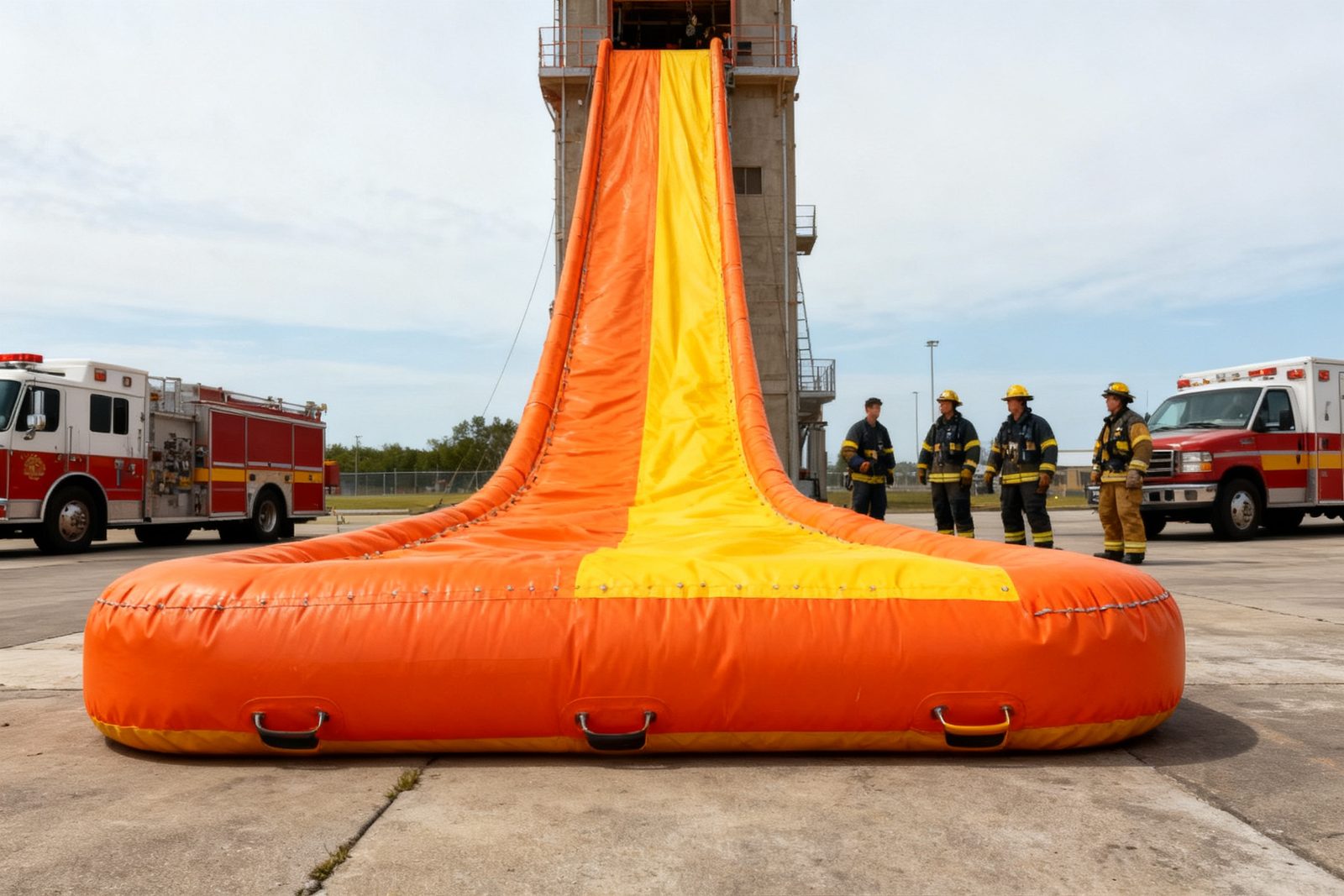 emergency evacuation slide deployed on site, in use