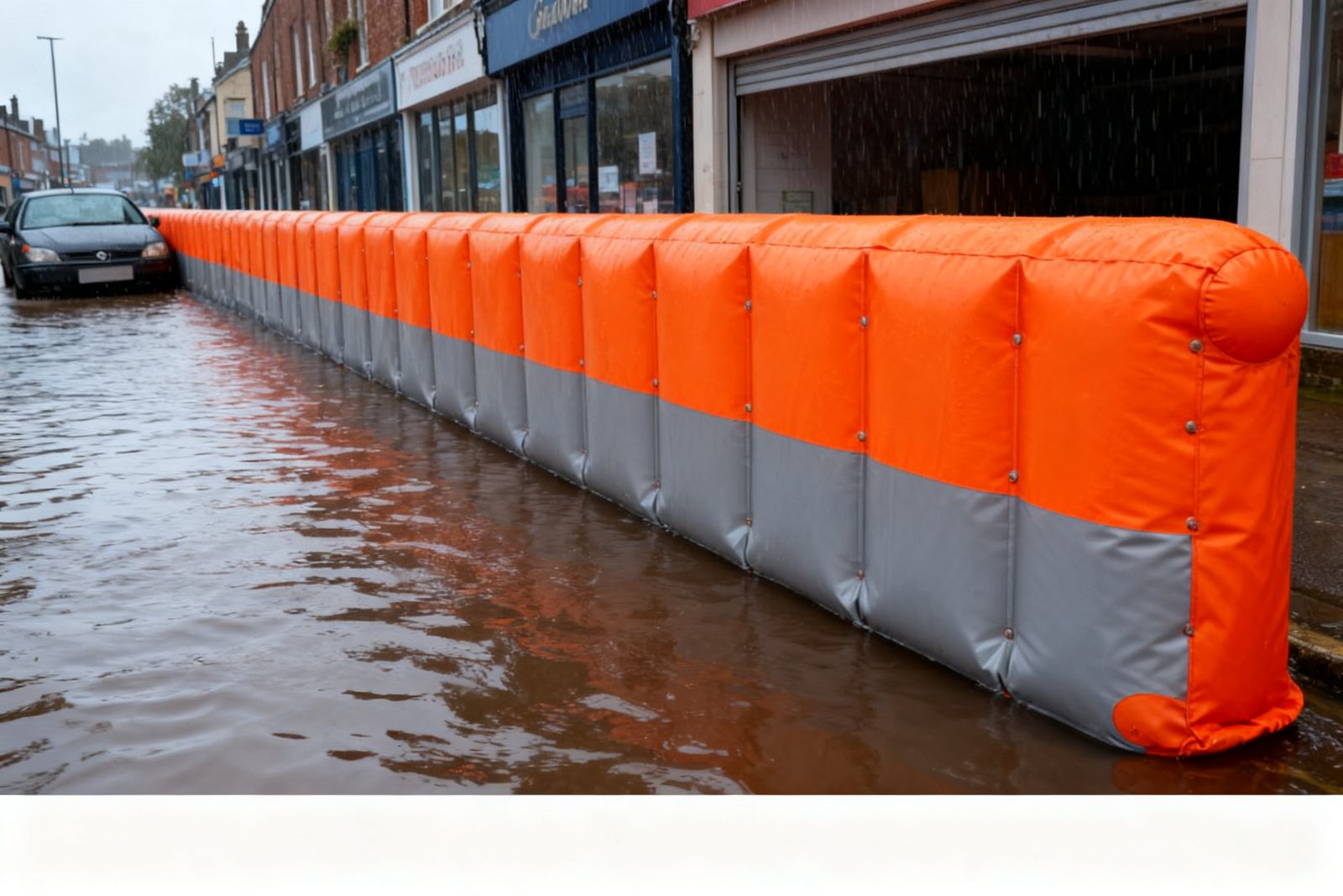 garage flood gate deployed on site, in use