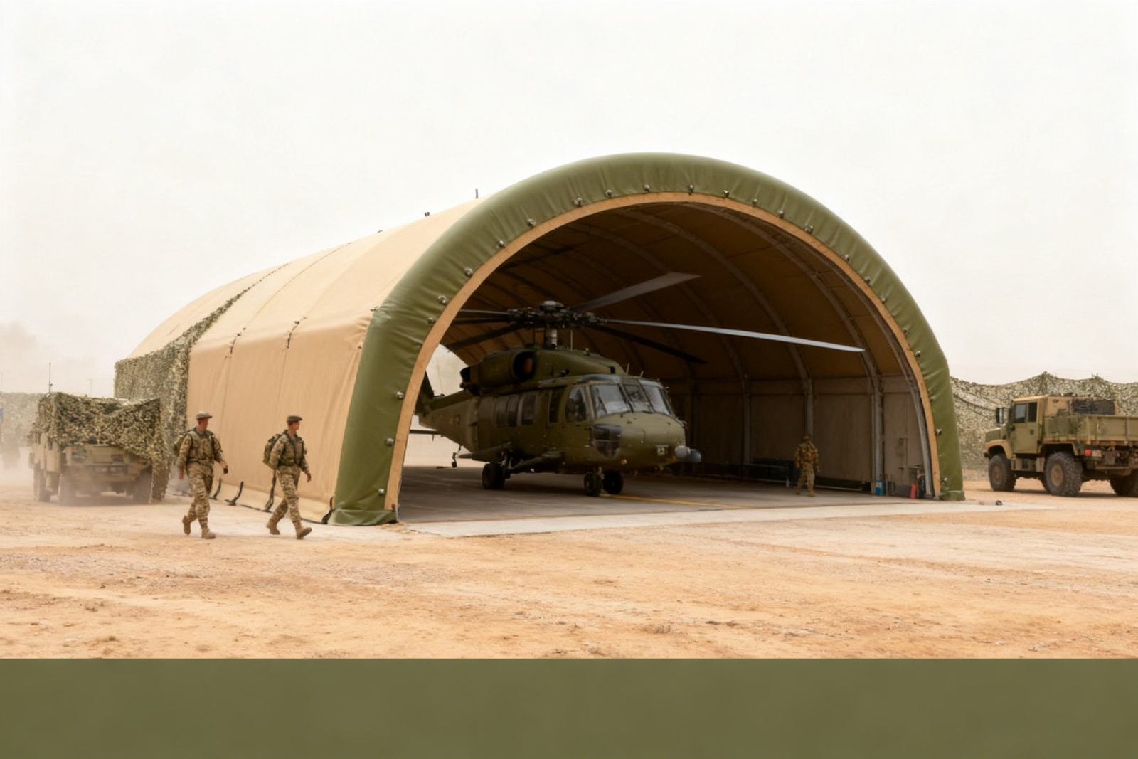 helicopter hangar deployed on site, in use