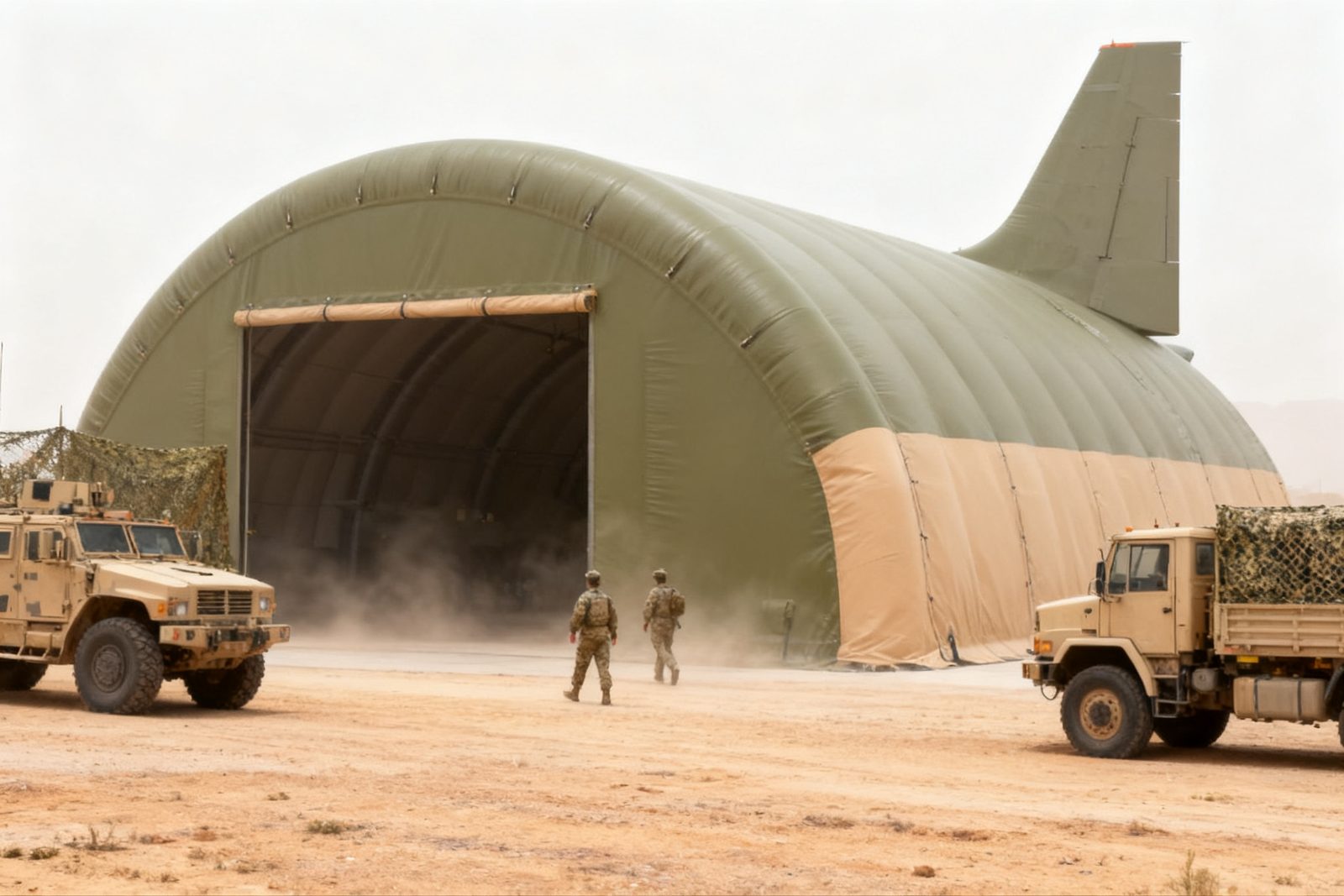 inflatable aircraft hangar deployed on site, in use