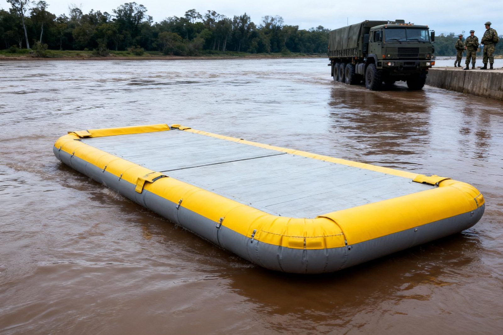 inflatable floating bridge deployed on site, in use