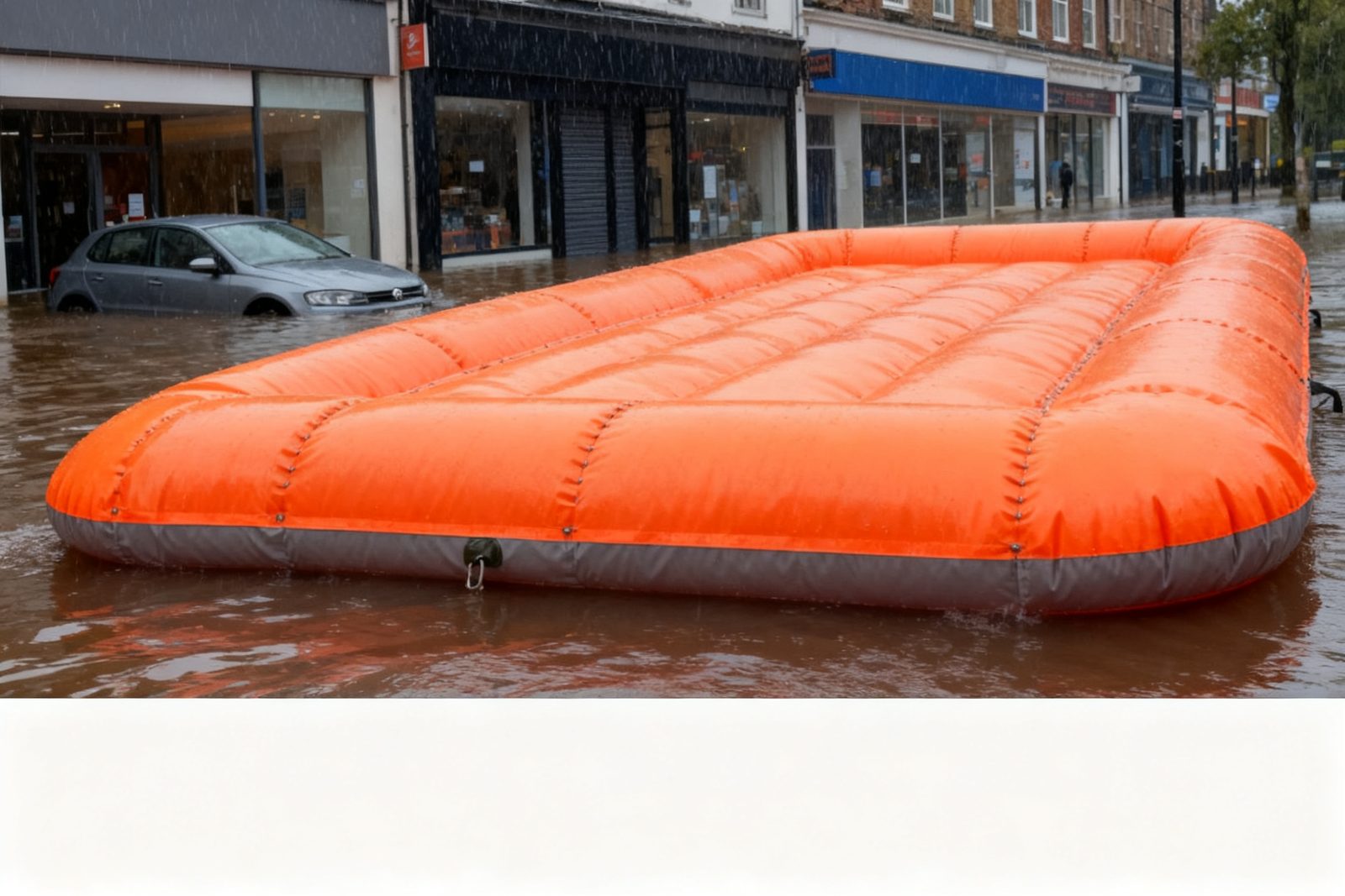 inflatable flood barrier deployed on site, in use