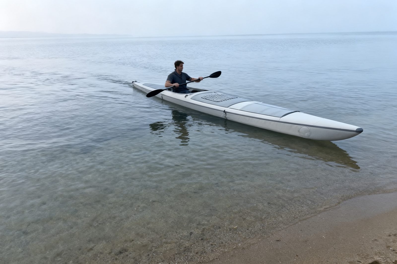 inflatable kayak deployed on site, in use