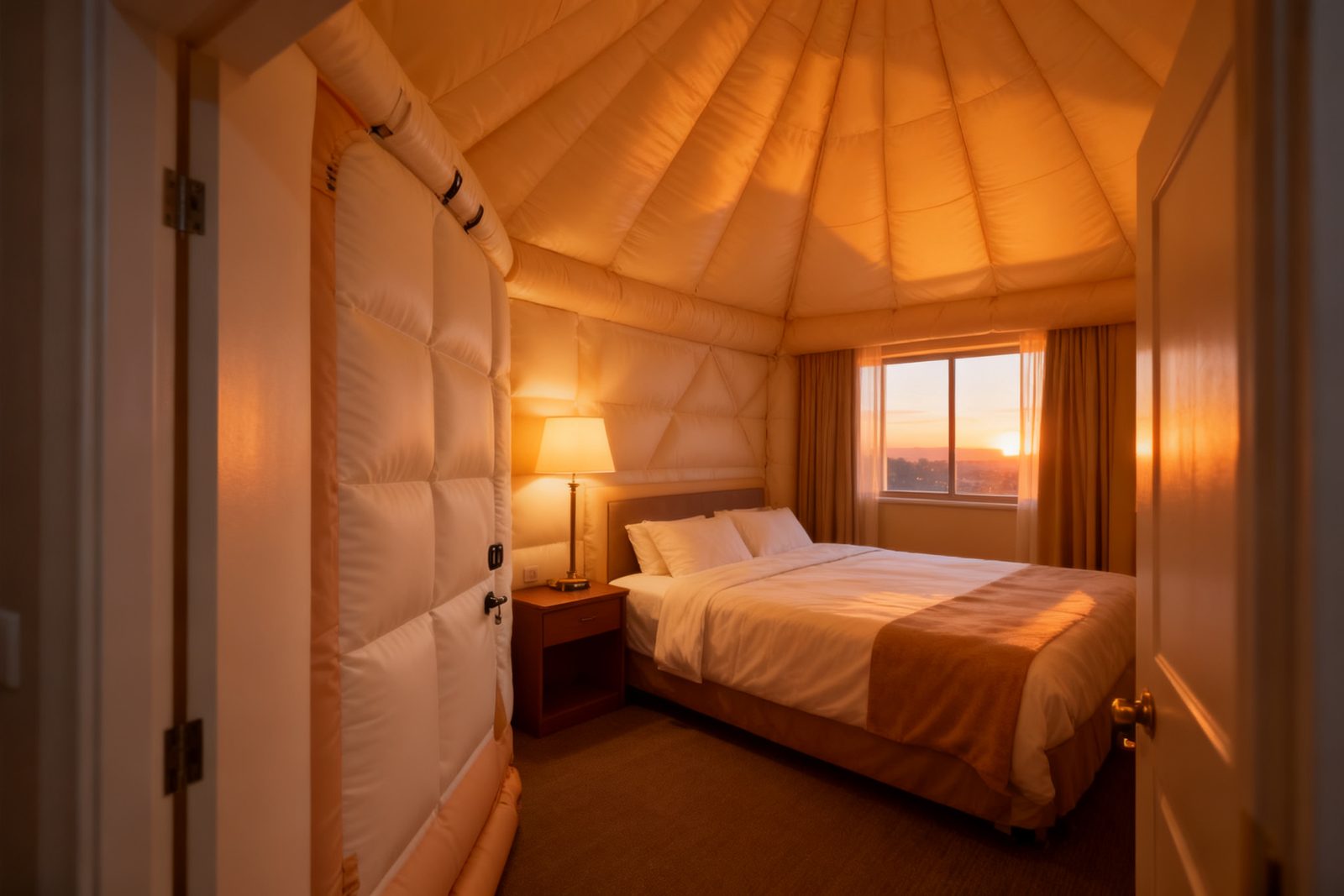 Interior of the inflatable pod, furnished and in use