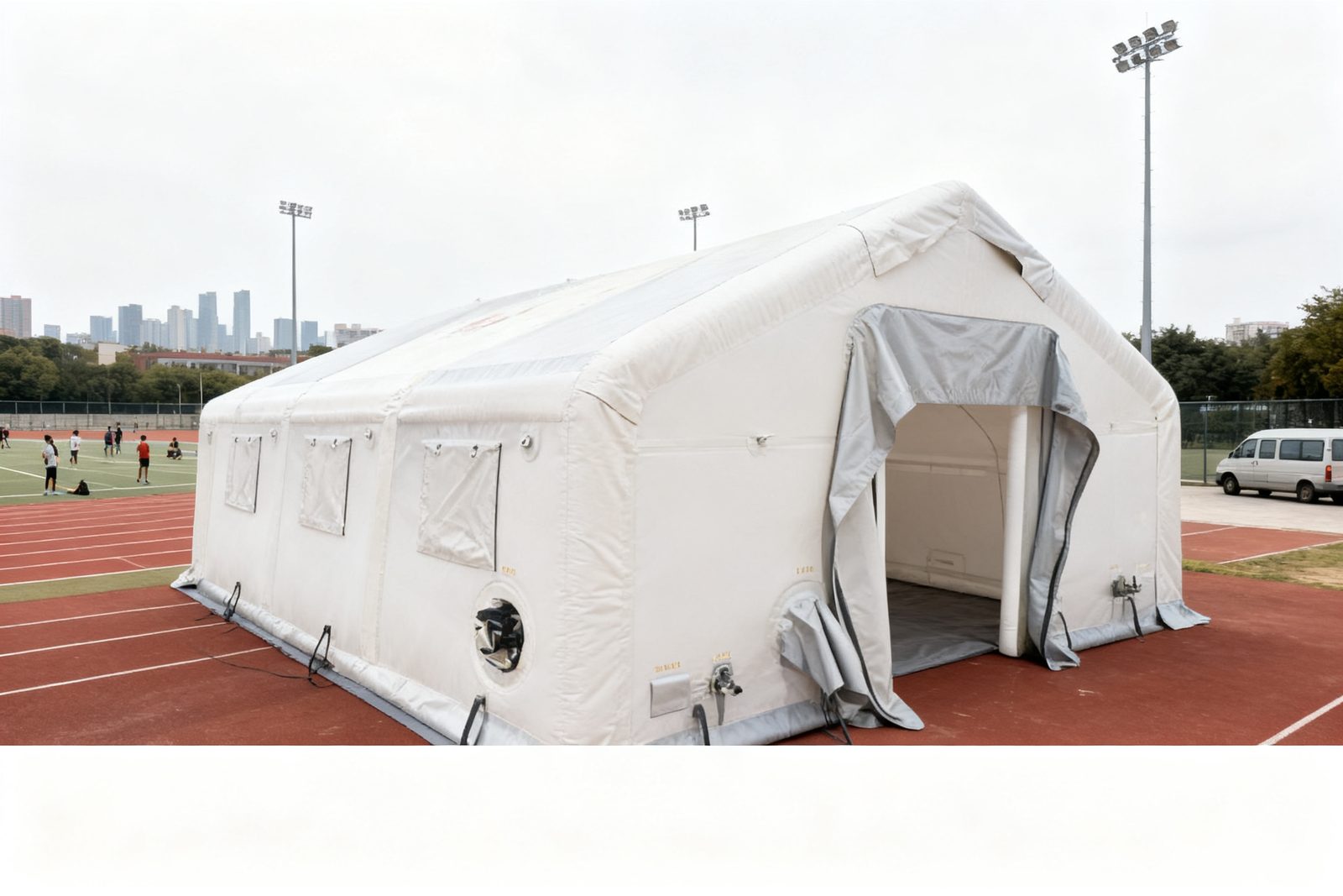 inflatable pool enclosure deployed on site, in use
