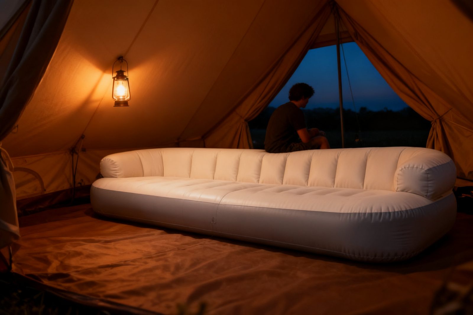 inflatable sofa deployed on site, in use