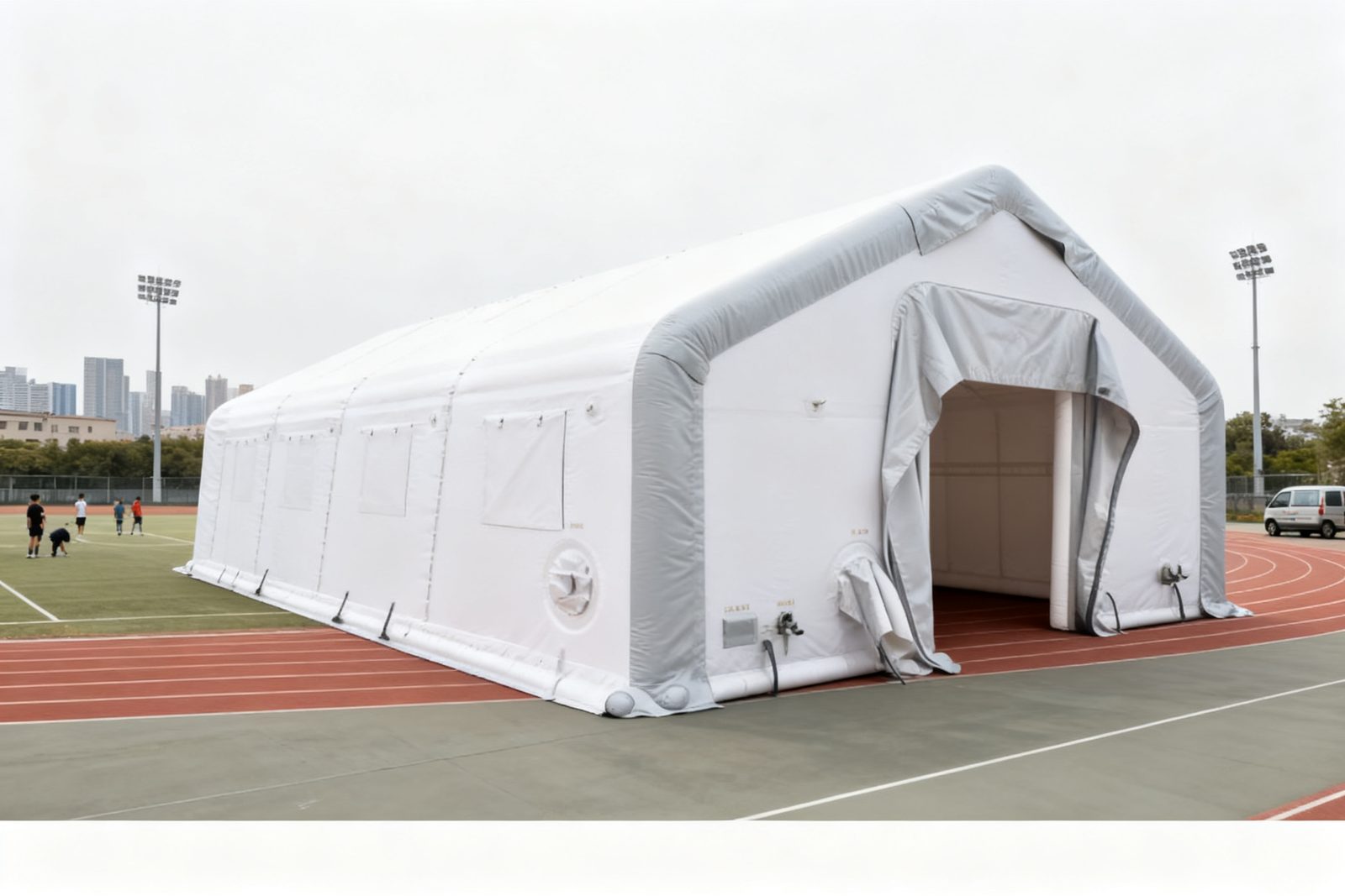 inflatable sports hall deployed on site, in use