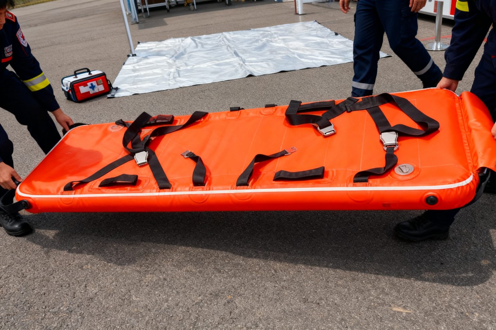 inflatable stretcher deployed on site, in use